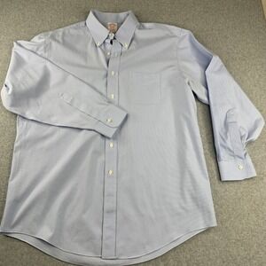Brooks Brothers Dress Shirt Mens 16.5 34 Blue Madison Fit Micro Check Non-Iron